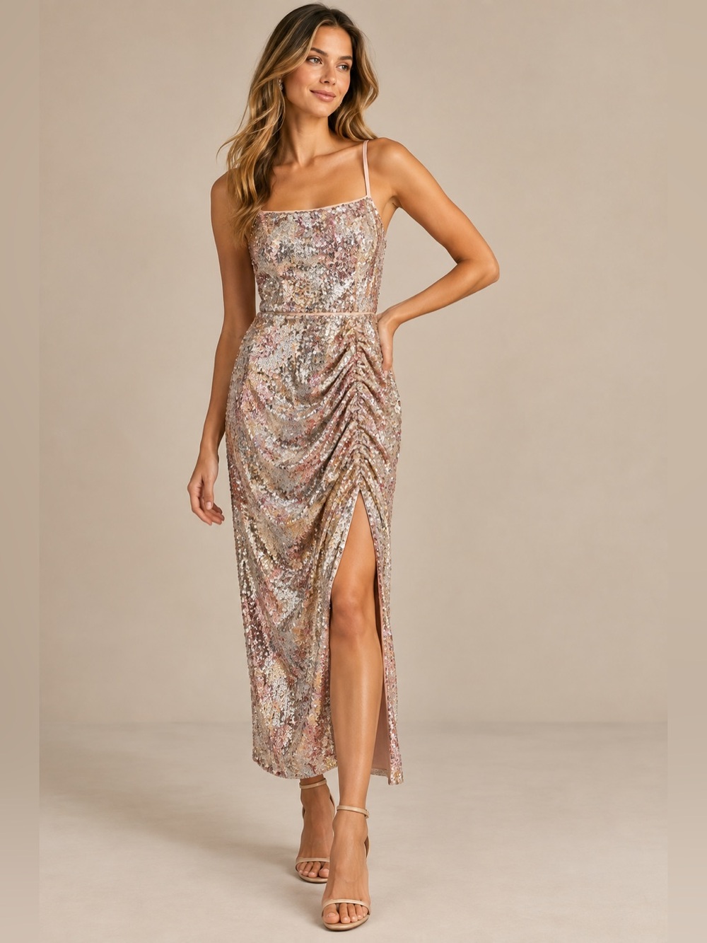 Saylor Claude Sequin Spaghetti-Strap Midi Dress Rose Gold Metallic Ruched XS